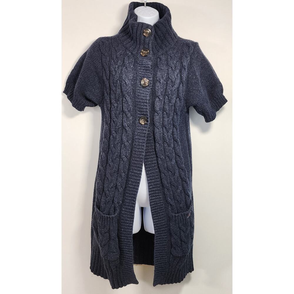 Hollister Cable Knit Sweater Cardigan Blue Short Sleeve L Cozy Preppy
